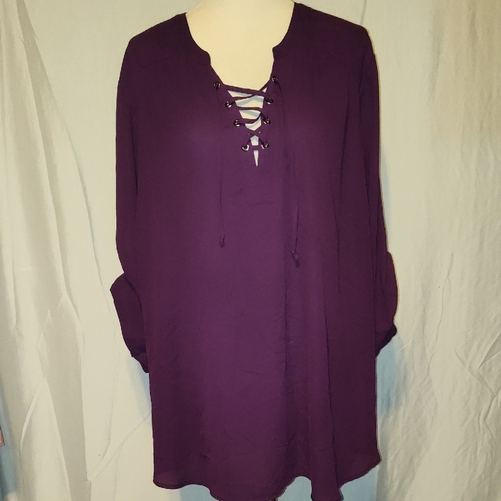 Torrid Burgundy Lace-Up Blouse 3/4 Length Sleeve Size 5  Estimated 5X